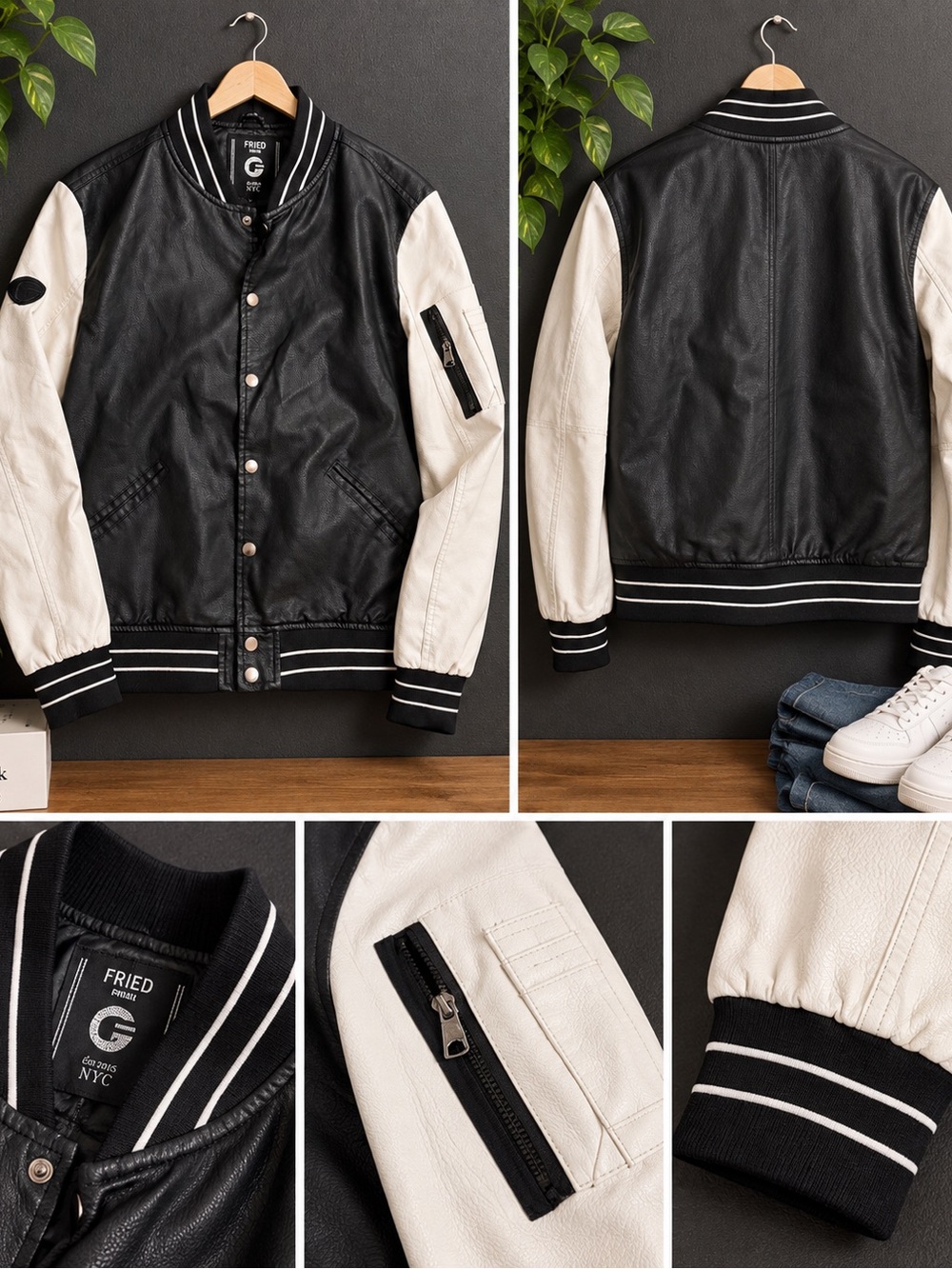 FRIED Black & White Leather-Style Varsity Jacket